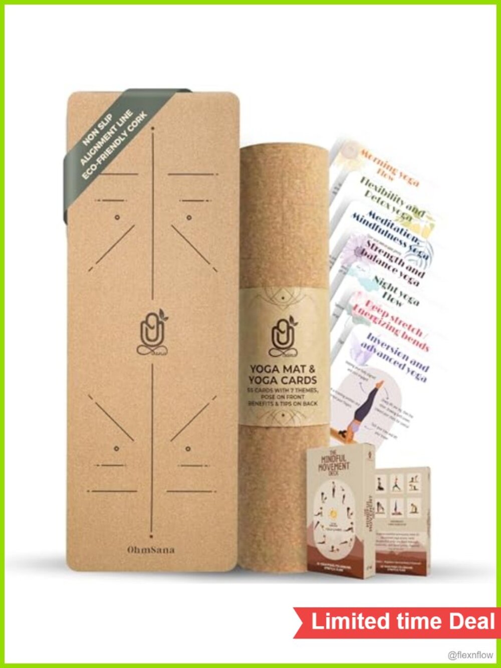 Natural Cork Yoga Mat with Alignment Lines & 55 Instructional Cards - Non-Slip,